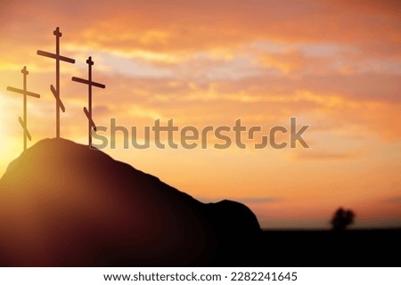 Easter morning, hill with wooden cross