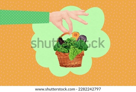 Contemporary digital collage art. Hand holding bio basket. Retro style.  Eco, vegan concept