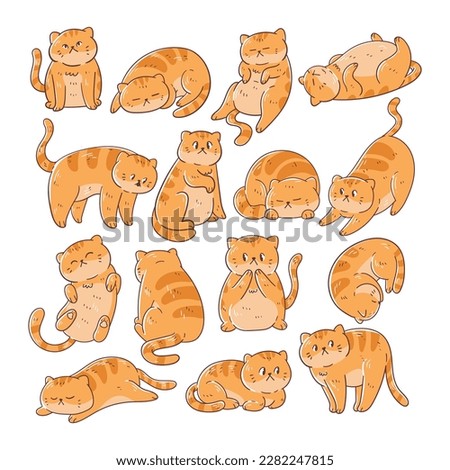 Set orange cat poses hand-drawn illustration. Set orange cat poses character illustration.