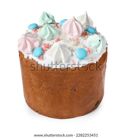 Traditional Easter cake with sprinkles and meringues isolated on white