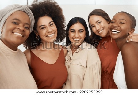 Happy woman, friends and portrait smile for selfie, profile picture or social media business at the office. Excited or friendly group of women face smiling for photo, vlog or online post at workplace