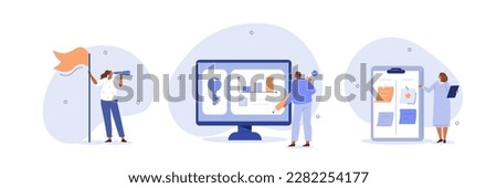 Performance management illustration set. Characters setting goals and objectives to professional development, personal improvement and growth. Objective key result concept. Vector illustration. Royalty-Free Stock Photo #2282254177
