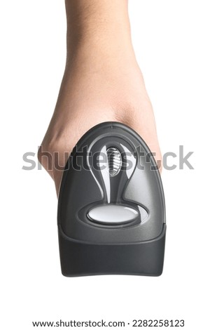 Woman holding barcode scanner on white background, closeup Royalty-Free Stock Photo #2282258123