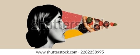 Collage with girl and pizza and abstract figures with texture. Journal minimalist illustration. Stylish composition with circles and halftone effect. Vector banner.  