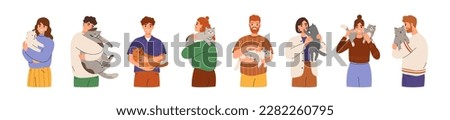Cute set of people holding cats. Happy men and women hold in arms domestic pet show love and care. Pet owners portrait with adorable kitties. Human and feline animals friendship. Flat illustration.