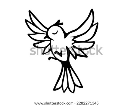 Vector illustration of beautiful flying bird with wing on white color background. Black and white flat style design of bird with feather for web, banner, print, textile, greeting card