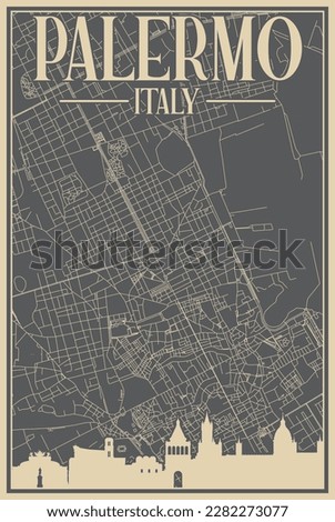 Colorful hand-drawn framed poster of the downtown PALERMO, ITALY with highlighted vintage city skyline and lettering