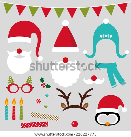 Christmas photo booth and scrapbooking vector set (Santa, deer, penguin, xmas decoration)