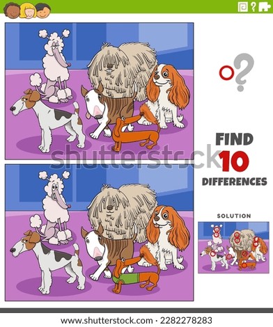 Cartoon illustration of finding the differences between pictures educational game with purebred dogs animal characters Royalty-Free Stock Photo #2282278283