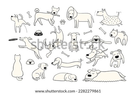 Cute funny dogs, puppies clipart collection, isolated. Hand drawn monochrome vector illustration. Line drawing. Domestic animals set. Design concept pet food, branding, business, vet, print, poster