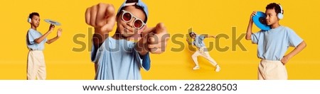 Set of images of little african boy in stylish casual clothes dancing, listening to music and having fun against yellow background. Concept of childhood, emotions, active lifestyle, education, hobby Royalty-Free Stock Photo #2282280503