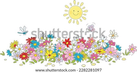 Happy sun shining over colorful garden flowers on a pretty flowerbed with a fluttering butterfly and a dragonfly on a warm summer day, vector cartoon illustration isolated on a white background