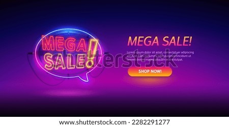 Glowing Neon Mega Sale Sign Website Template on Blurred Background. Vector clip art for your discount project in retro style design.