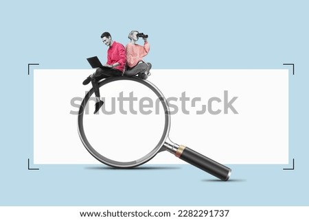 A young woman with a binoculars and man with a laptop is sitting on a big magnifying glass. Art collage. Team ist Searching for information on the internet concept. Royalty-Free Stock Photo #2282291737