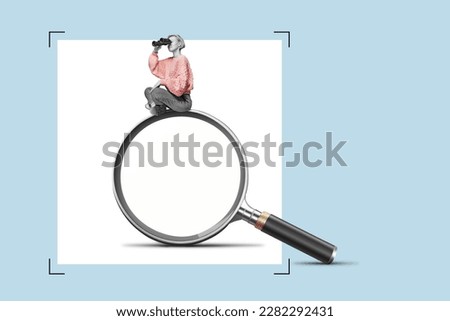 A young woman with a binoculars is sitting on a big magnifying glass. Art collage. Searching for information on the internet concept.