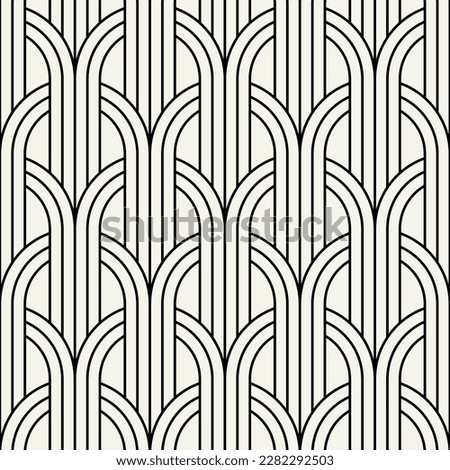 Vector seamless pattern. Stylish linear ornament. Geometric striped background with arches. Art deco 
 thin monochrome swatch. Tileable print with a rounded grid.