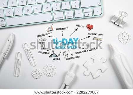 4-day work week. Illustration with icons, keywords and arrows on a white office table. Royalty-Free Stock Photo #2282299087