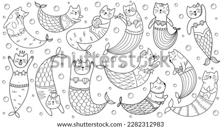 Cute mermaid cats black and white set for coloring book. Funny feline characters under the sea coloring page. Outline doodle animals collection in cartoon style. Vector illustration