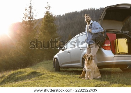 Happy man and adorable dog near car in mountains. Traveling with pet Royalty-Free Stock Photo #2282322439