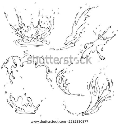 Set of splashes of water or paint. Splashes of fluid. Vector illustration in hand drawn sketch doodle style. Line art liquid with drops isolated on white. Splash water motion. Abstract shapes