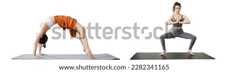 Yoga Woman Trainer Exercise Asana Flexibility Mat collage isolated white background.