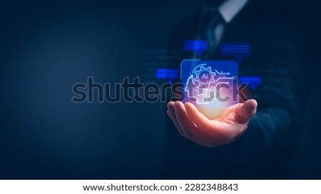 concept of intelligent technology (Ai) or digital transformation management.Businessman showing icon Hand on smart robot to manage big data and business processes with future technological innovation.