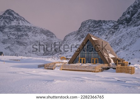 Winter surf camp on Skagsanden beach of the Lofoten Islands. Fabulous nature landscape during sunset. Norway is one most popular country for landscape photographers.