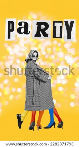 Celebration, friends meeting. Art collage with young woman wearing vintage clothes and going to party over yellow background. Surrealism, party, weekend, holiday, retro, vintage, alcohol drinks