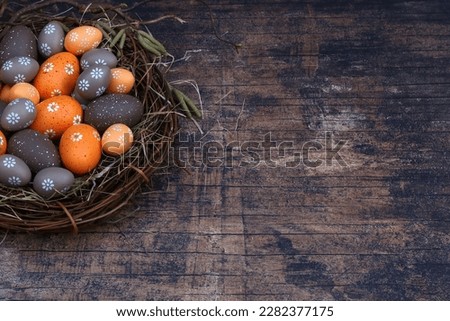 Easter eggs in nest on wood background with space for text.