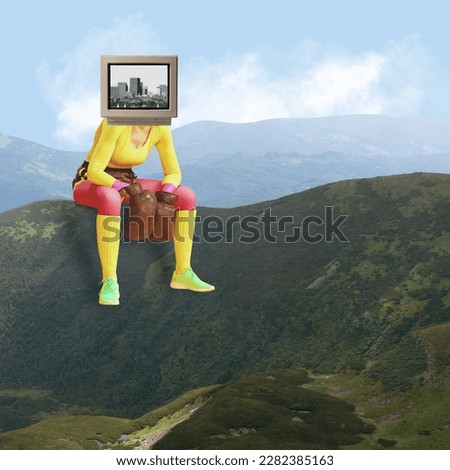 Woman in colorful sportswear and boxing gloves, headed with TV translating city landscape, sitting on mountains. Contemporary art collage. Concept of surrealism, travelling, imagination, dreams