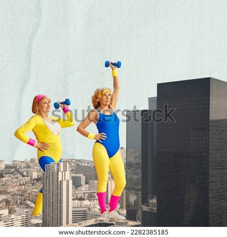 Two middle-aged women in colorful sportswear training with dumbbells over city skyscrapers view. Contemporary art collage. Concept of surrealism, travelling, imagination, fitness, friendship