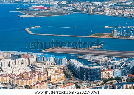 Vview of Gibraltar town and Spanish coast across the Bay of Gibraltar from The Upper Rock. UK