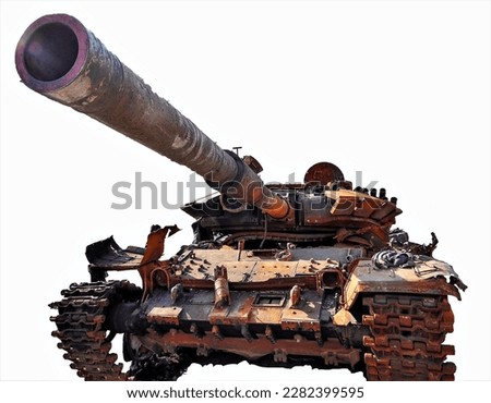 Russian knocked out T-72 tank on white background Royalty-Free Stock Photo #2282399595