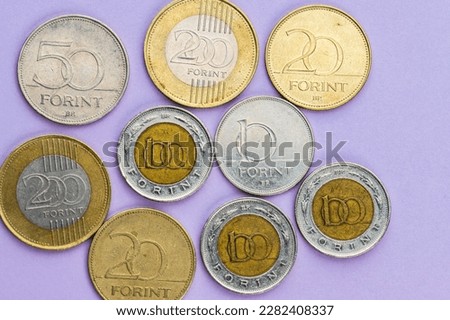 Assortment of Hungarian forint coins on purple background.