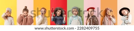 Collage of stylish little children on color background
