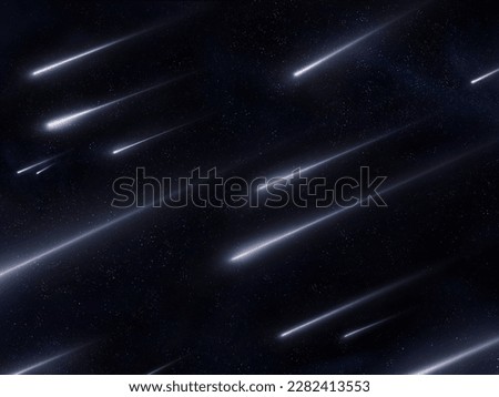Beautiful starfall in the night sky. Meteor shower on a black background. A stream of meteorites from space.