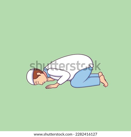 boy character posing in prostration while praying against a plain green background