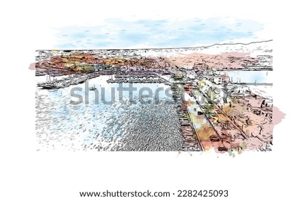 Building view with landmark of Porto Colom is a smallish town in Mallorca. Watercolor splash with Hand drawn sketch illustration in vector.