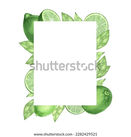 Watercolor frame made of limes, slice of lime, branches and leaves. Hand drawn vignette for cards, invitations, cosmetics or food label design concept, with text space
