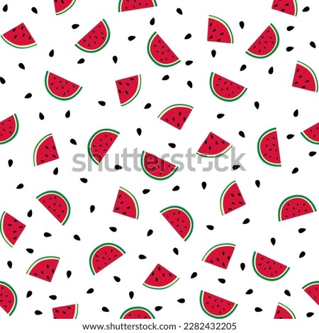 Vector seamless pattern with red watermelon slices and seeds on a white background in a flat style. Ideal for print, wrapping paper, wallpaper, fabric, design.
