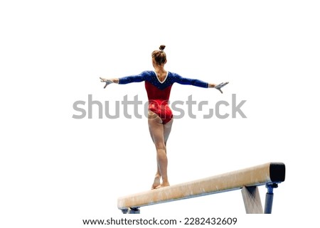 back female gymnast athlete balancing on balance beam gymnastics on white background, sports in summer games