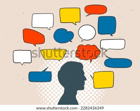 silhouette of a man in profile surrounded by speech bubbles. A lot of thoughts and information around a person, informational noise. Vector illustration