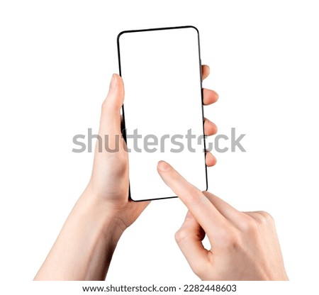 Finger tapping on blank mobile phone screen, smartphone display mockup isolated on white background.