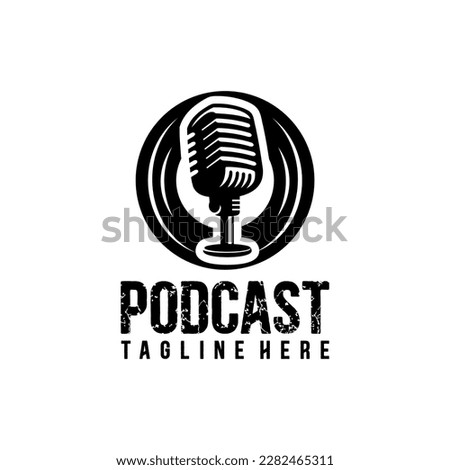 Podcasts station. Template emblem with retro microphone. Design element for logo