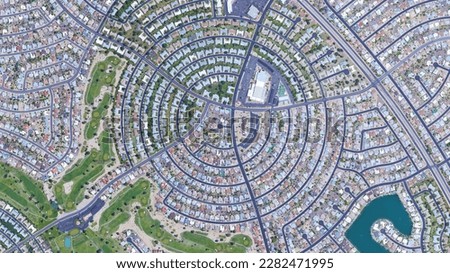 Sun City bird's eye view, a circular shaped suburb of Phoenix, looking down aerial view from above circular city – Arizona, USA Royalty-Free Stock Photo #2282471995