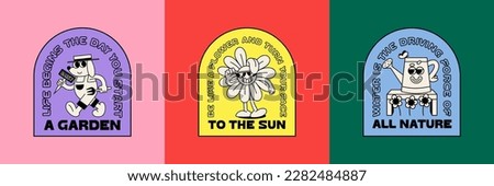 Set of Funny Retro Illustration with Quotes. Vector Characters in Groovy Vintage Style. Outdoor Summer Gardening Logo