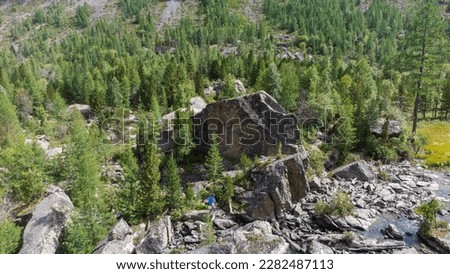 Forests and rocks at the foot of the mountain. Taiga on a sunny day. Taiga in Siberia in summer.Photos of the Republic of Gorny Altai in summer, aerial photography, Russia, Siberia