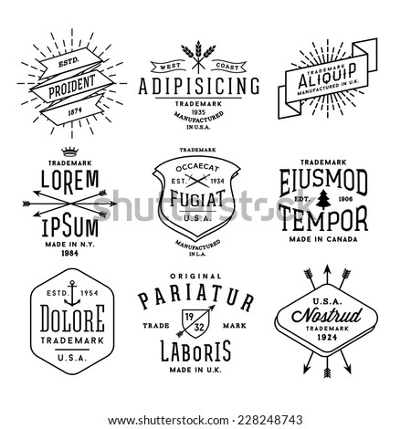 collection monochrome hipster vintage label, logo, badge for your business or t-shirt print with arrow, crown, sword, anchor, ribbon, fir tree