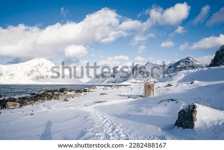 Captures the famous Instagram spot in the Lofoten Islands, known as Ramberg Beach, during winter. The beach is located in a small town and is surrounded by majestic mountains 