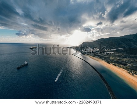 Aerial view of Playa de las Teresitas at sunset. Tenerife, Canary Islands. High quality photo